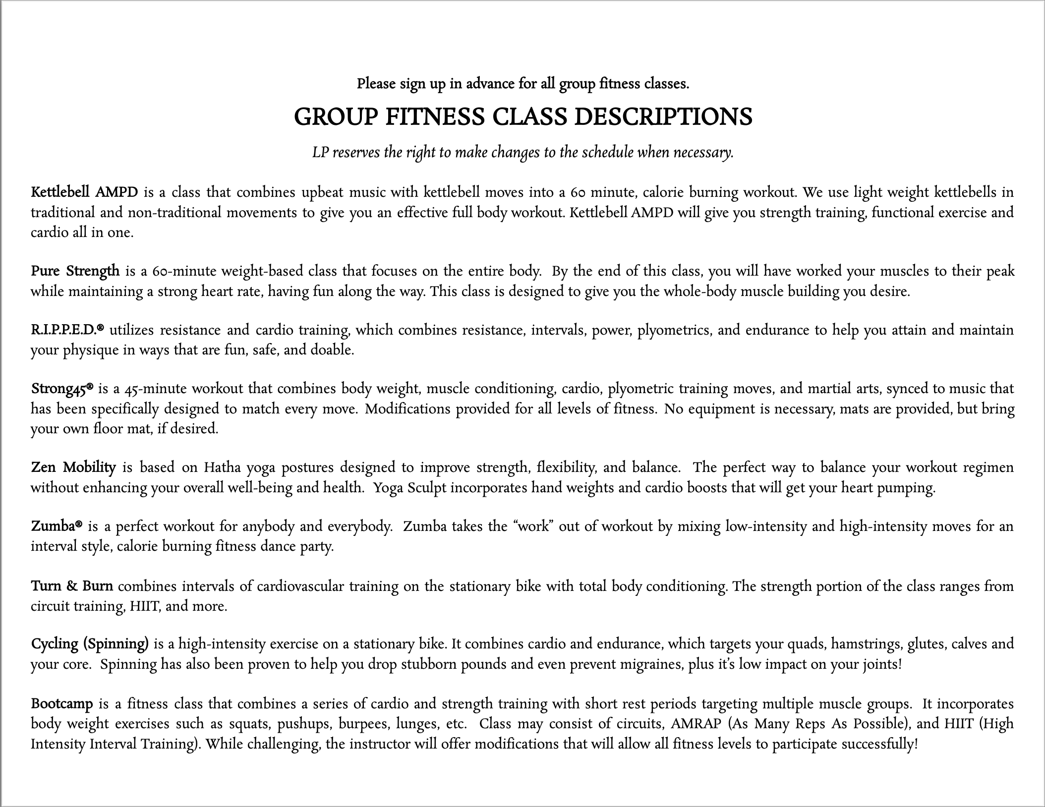 Group Fitness Class Description